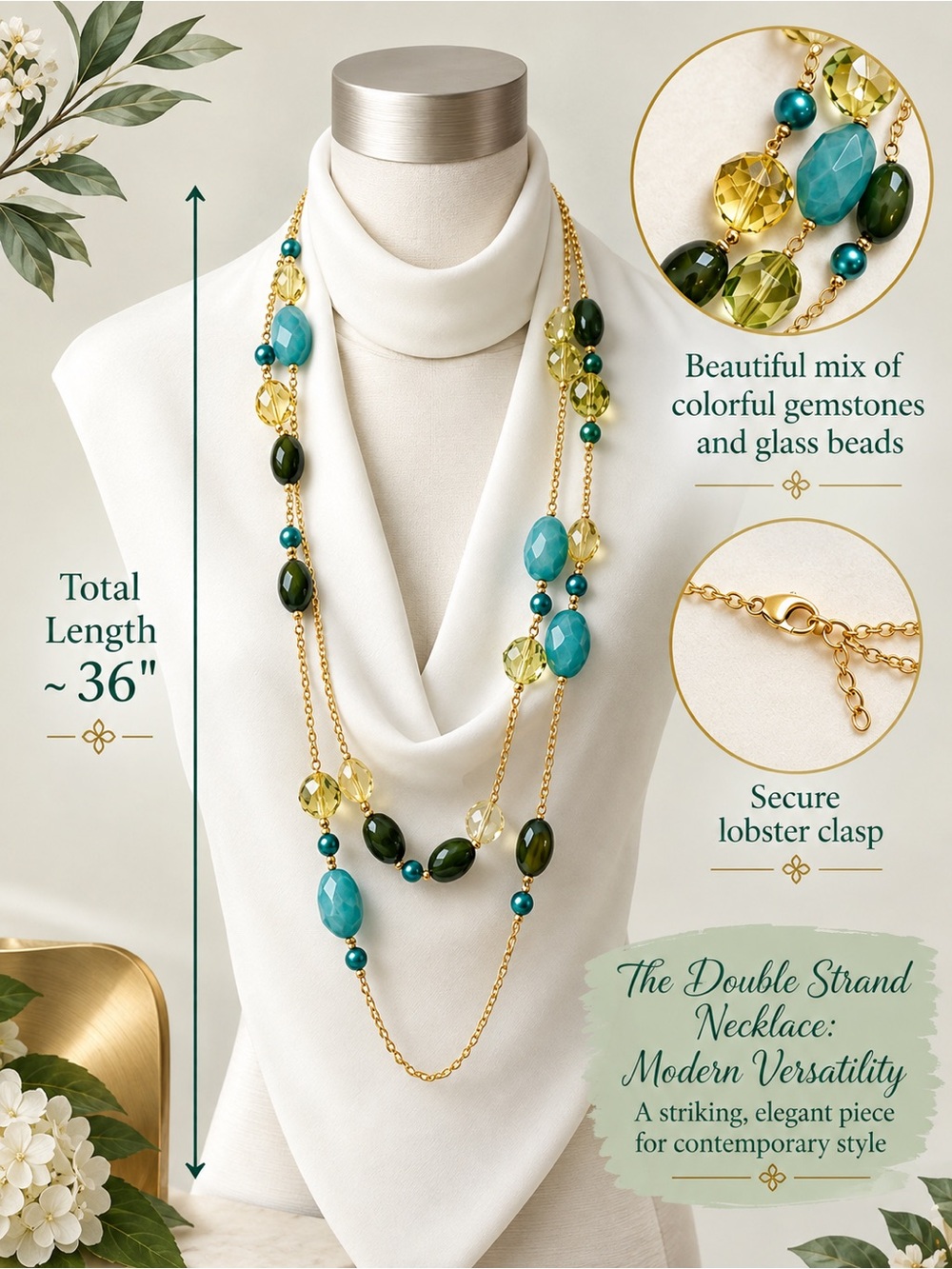 Luxe Boutique Double-Strand Beaded Statement Necklace, Full 36”